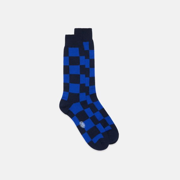 J.Press Made-in-Italy Mid-Calf Wool Socks - Navy & Blue Checkerboard