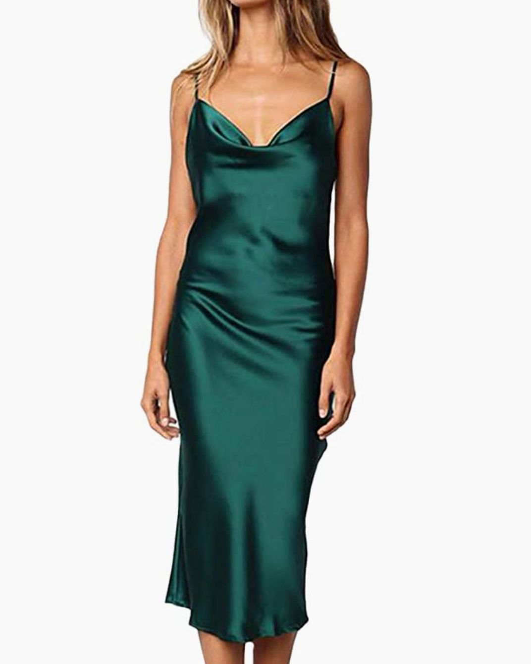 Plunging V-Neck Ruched Waist Satin Dress in Emerald - Retro, Indie