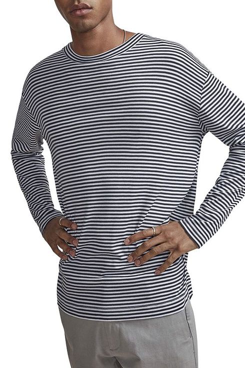 Alion Mens Pullover Casual Contrast Color Stripes Long Sleeve Cotton Tops Blouse