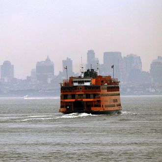 NEW YORK - MAY 08: A Staten Island Ferry heads towards Manhattan.