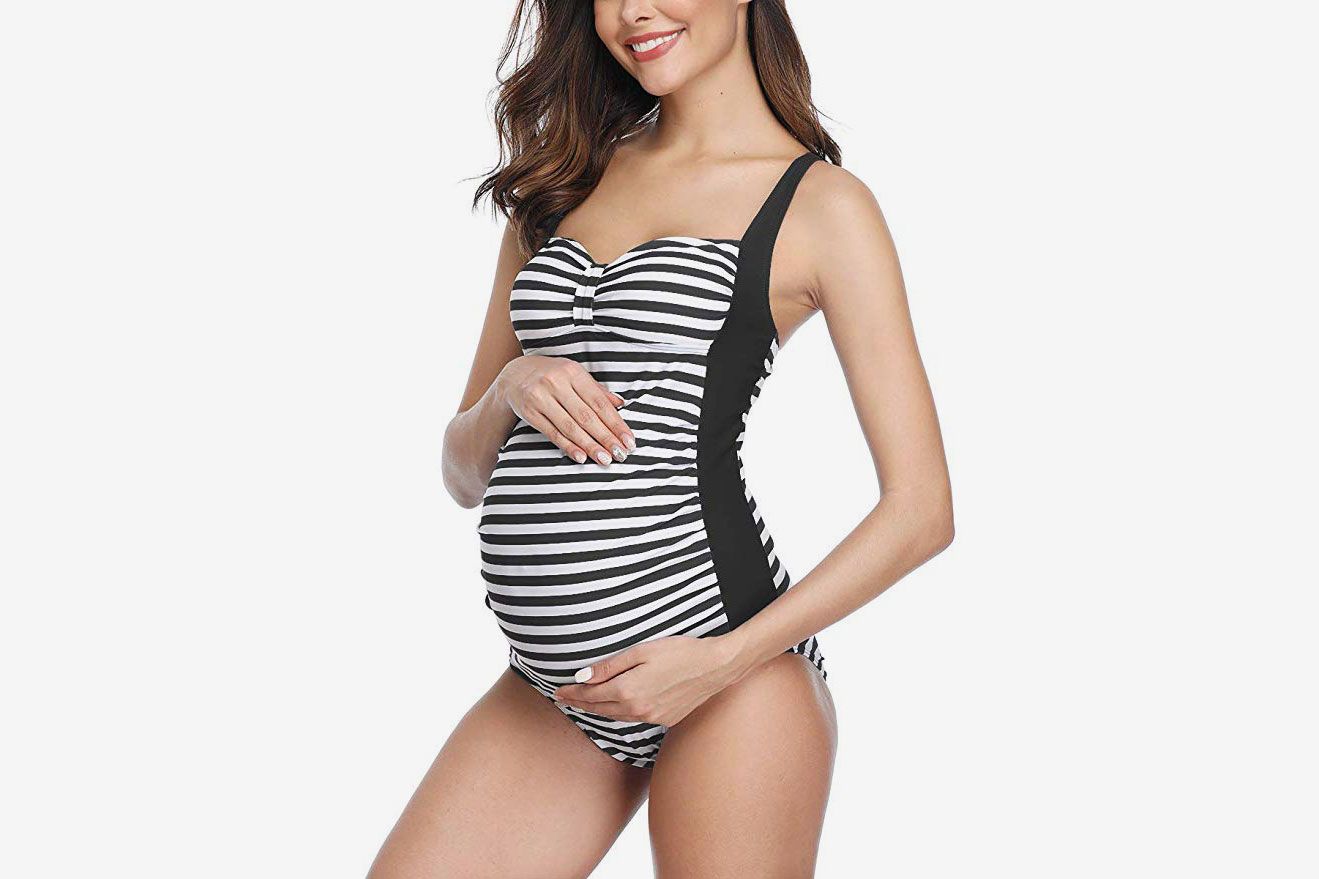 Eledobby Cross Wrap Women's Maternity Swimwear Set Tankini 2 Piece Bikini Swimsuit Fold Pregnant Beachwear Solid Color Black M 