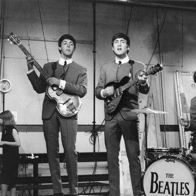Paul McCartney and John Lennon rehearse at Television House.