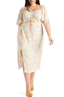 Eloquii Cinched Front Floral Midi A-Line Dress