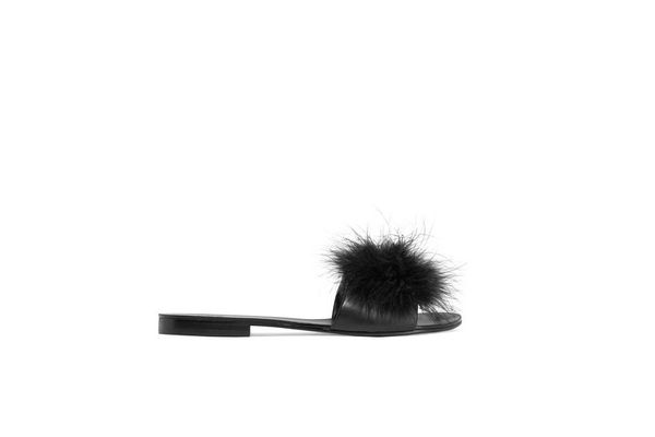 LE PETIT TROU Jacqueline feather-trimmed leather slippers