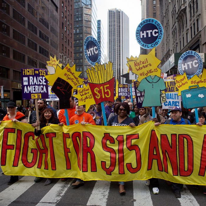 Fast-food workers at a protest on April 15.