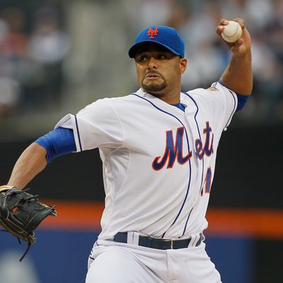 Johan Santana #57 of the New York Mets pitches in the first-inning against the Baltimore Orioles at CitiField on June 19, 2012.