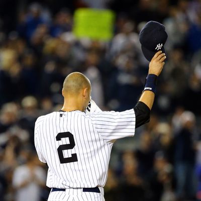 Derek Jeter #2 of the New York Yankees gestures to the fans after a game winning RBI hit in the ninth inning against the Baltimore Orioles in his last game ever at Yankee Stadium on September 25, 2014 in the Bronx borough of New York City. 