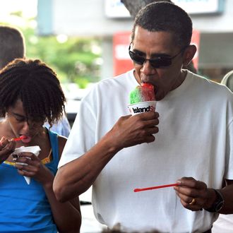 US President Barack Obama and his daugher Malia have their shave ice outside the Island Snow store in Kailua, Hawaii, on January 1, 2010. The First Family is on vacation in Hawaii. 