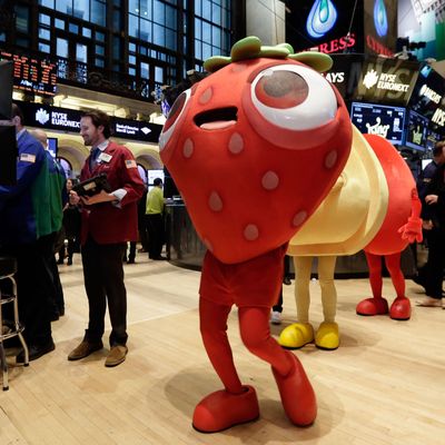 Characters of the King Digital Entertainment game Candy Crush Saga walk the trading floor of the New York Stock Exchange, before the company's IPO, Wednesday, March 26, 2014. The stock market opened higher Wednesday after a strong report on American manufacturing. The maker of the hit game 