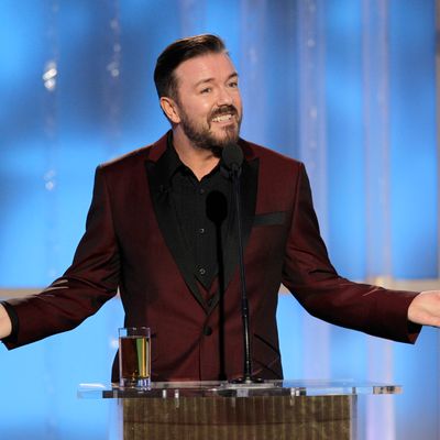 In this handout photo provided by NBC, host Ricky Gervais.