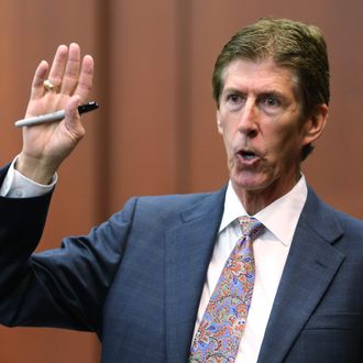 SANFORD, FL - JULY 12: Defense counsel Mark O'Mara addresses the jury during closing arguments in George Zimmerman's murder trial July 12, 2013 in Sanford, Florida. Judge Debra Nelson has ruled that the jury can also consider a lesser manslaughter charge along with the second-degree murder charge in the shooting death of Trayvon Martin. (Photo by Joe Burbank-Pool/Getty Images)