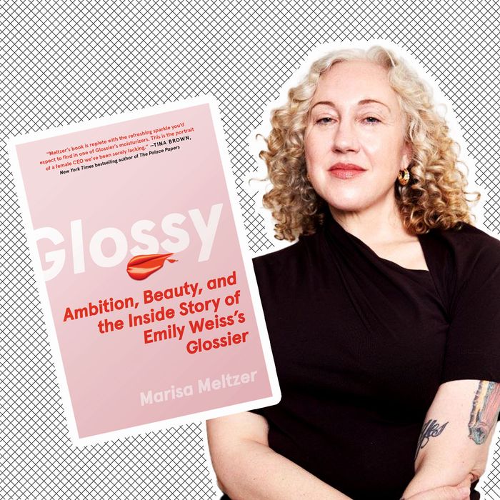 Author Marisa Meltzer and the pink cover of her book Glossy: Ambition, Beauty, and the Inside Story of Emily Weiss's Glossier.
