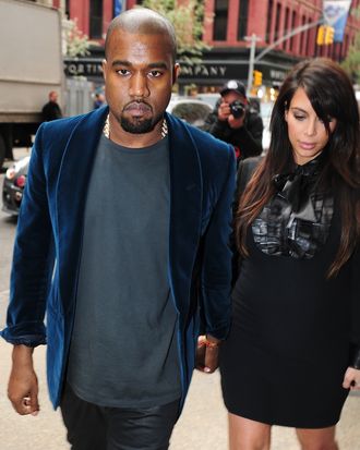 NEW YORK, NY - APRIL 23: Kanye West and Kim Kardashian are seen in Soho on April 23, 2013 in New York City. (Photo by Alo Ceballos/FilmMagic)