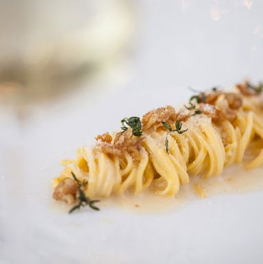 Hand-cut fettuccine pasta with Parmigiano Reggiano and crispy Jidori chicken skin