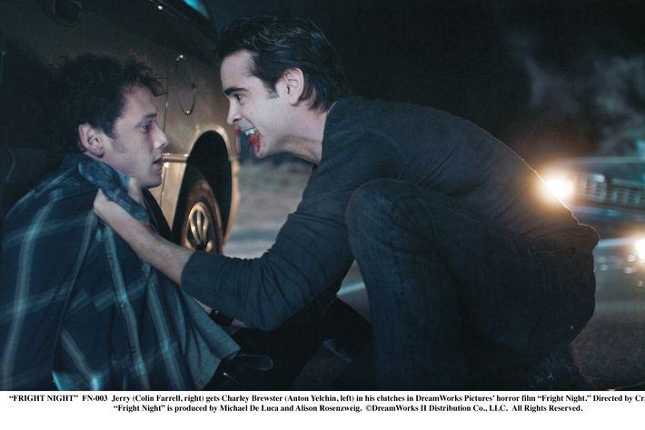"FRIGHT NIGHT" FN-003 Jerry (Colin Farrell, right) gets Charley Brewster (Anton Yelchin, left) in his clutches in DreamWorks Pictures’ horror film “Fright Night.” Directed by Craig Gillespie, “Fright Night” is produced by Michael De Luca and Alison Rosenzweig. ?DreamWorks II Distribution Co., LLC. ?All Rights Reserved.