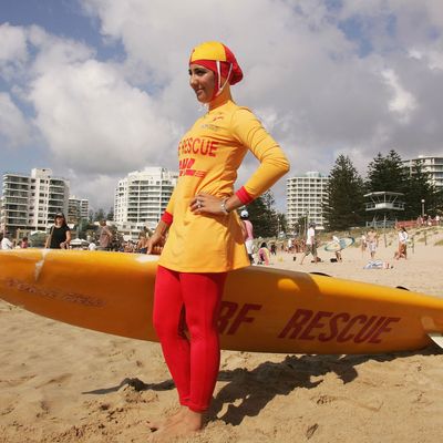 A surfer wearing a burkini in Sydney, Australia.