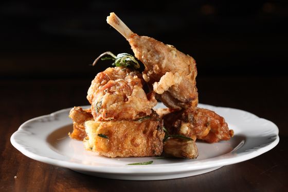 Fried rabbit with rosemary and garlic toast.