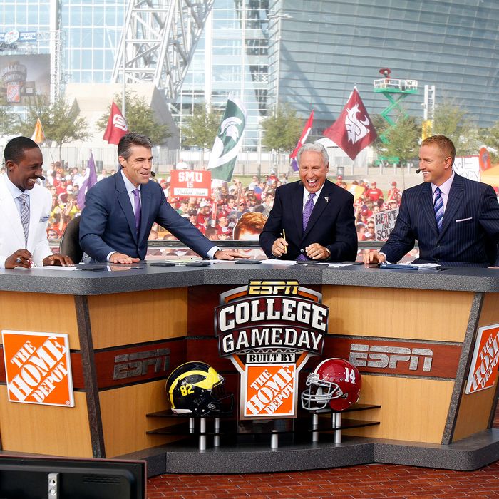 01 September 2012: Desmond Howard, Chris Fowler, Lee Corso and Kirk Herbstreit during the live broadcast of ESPN College GameDay outside Cowboys Stadium in Arlington, TX prior to the Cowboys Classic between the Alabama Crimson Tide vs. Michigan Wolverines. 