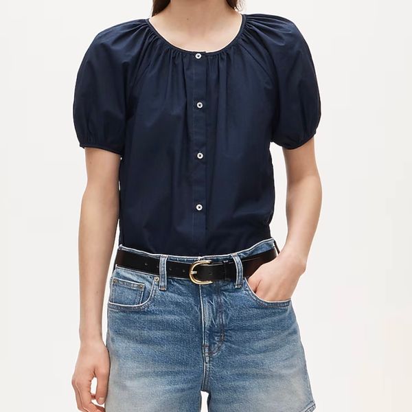 J.Crew Puff-Sleeve Button-Up Top in Cotton Poplin