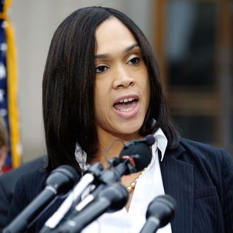 Marilyn Mosby, Baltimore state's attorney, speaks during a media availability, Friday, May 1, 2015 in Baltimore. Mosby announced criminal charges against all six officers suspended after Freddie Gray suffered a fatal spinal injury in police custody. (AP Photo/Alex Brandon)