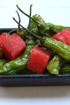 Shishito peppers and pickled watermelon.