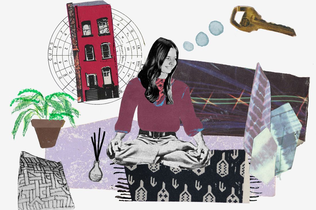 illustration of woman sitting on rug with crystals, plants, prisms, chakra behind her