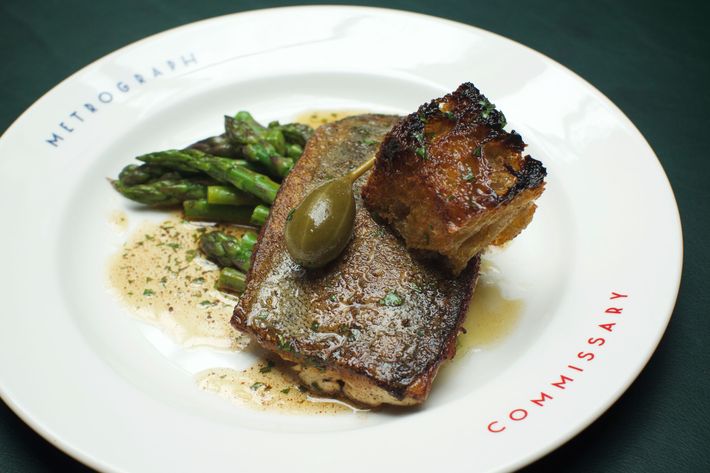 Trout with brown butter, asparagus, and parsley.