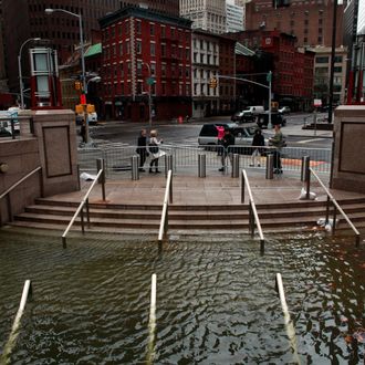 NEW YORK, NY - OCTOBER 30: Water floods the Plaza Shops in the wake of Hurricane Sandy, on October 30, 2012 in Manhattan, New York.The storm has claimed at least 16 lives in the United States, and has caused massive flooding across much of the Atlantic seaboard. US President Barack Obama has declared the situation a 'major disaster' for large areas of the US East Coast including New York City. (Photo by Allison Joyce/Getty Images)