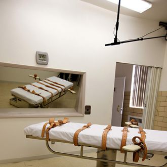 The lethal injection chamber of the South Dakota State Penitentiary is seen on Tuesday, Oct. 9, 2012. The state is preparing the upcoming executions of two inmates; Eric Robert and Donald Moeller, convicted of separate crimes that occurred more than two decades apart. The men are expected to be executed on as-of-yet unannounced dates yet this month or early next month. (AP Photo/Amber Hunt)