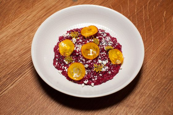 Beetroot risotto, tangy cheese, poppy seed