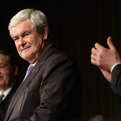 Republican presidential candidate, former U.S. Speaker of the House Newt Gingrich speaks at the Lincoln-Reagan Day Dinner at Bowling Green State University during a campaign stop on March 3, 2012 in Bowling Green, Ohio. 
