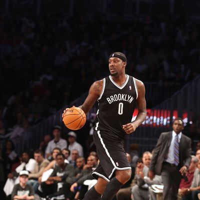 Andray Blatche #0 of the Brooklyn Nets dribbles the ball against the Los Angeles Clippers at the Barclays Center on November 23, 2012 in the Brooklyn borough of New York City.