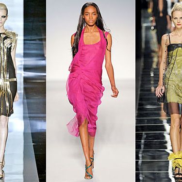 From left: Spring looks from Gucci, Alberta Ferretti, and John Richmond.