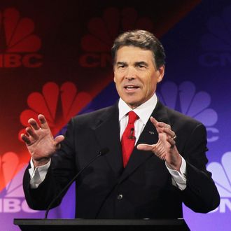 Texas Gov. Rick Perry speaks during a debate hosted by CNBC and the Michigan Republican Party at Oakland University on November 9, 2011 in Rochester, Michigan. The debate is the first meeting of the eight GOP presidential hopefuls since allegations of sexual impropriety have surfaced against front-runner Herman Cain.