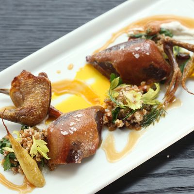 Dry-aged squab, roasted carrots, spiced yogurt, and bulgar-wheat salad with almonds and golden raisins.