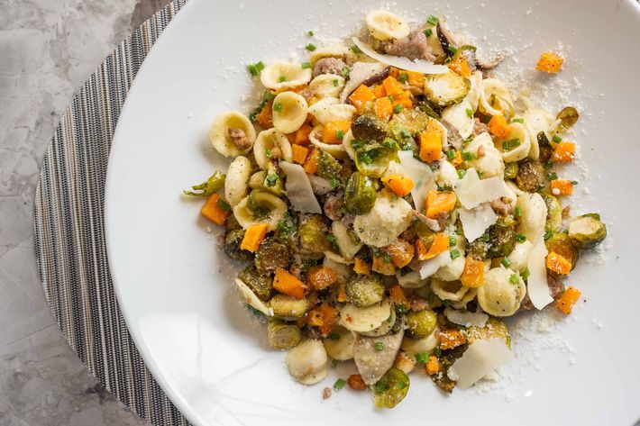 Orecchiette a la contadina: pasta tossed with baby Brussels sprouts, squash, mushrooms, Hudson Valley Harvest Italian sausage, sautéed with olive oil, garlic, and Parmesan.