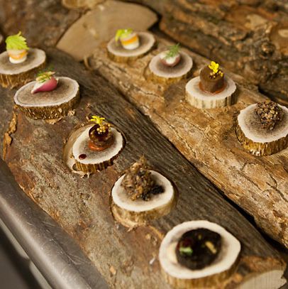 The first platter. From left: crudités, pickled herring, turkey heart, turkey skin, and black walnut.