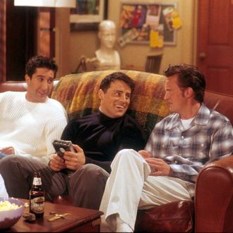 From left to right, David Schwimmer, as Ross, Matt LeBlanc, as Joey, and Matthew Perry as Chandler act in a scene from the television comedy 