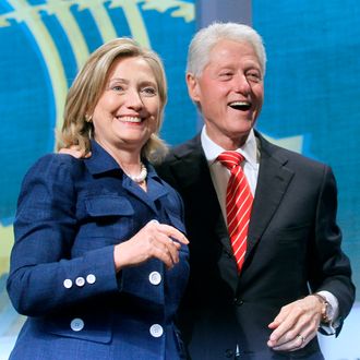 NEW YORK - SEPTEMBER 21: Former U.S. President Bill Clinton (R) and U.S. Secretary of State Hillary Rodham Clinton smile during the annual Clinton Global Initiative (CGI) September 21, 2010 in New York City. The sixth annual meeting of the CGI gathers prominent individuals in politics, business, science, academics, religion and entertainment to discuss global issues such as climate change and the reconstruction of Haiti. The event, founded by Clinton after he left office, is held the same week as the General Assembly at the United Nations, when most world leaders are in New York City. (Photo by Mario Tama/Getty Images)