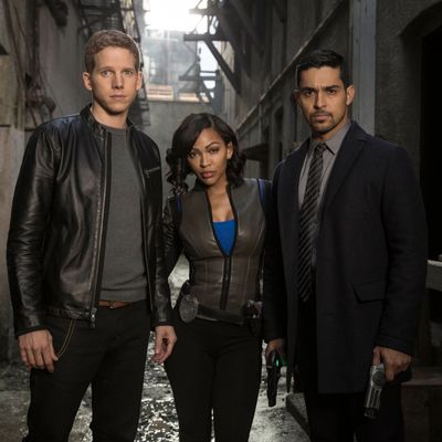 MINORITY REPORT: L-R: Stark Sands, Meagan Good and Wilmer Valderrama in the all-new “The American Dream” episode of MINORITY REPORT airing Monday, Nov. 16 (9:00-10:00 PM ET/PT) on FOX. © 2015 Fox Broadcasting Co. Cr.: Katie Yu / FOX.