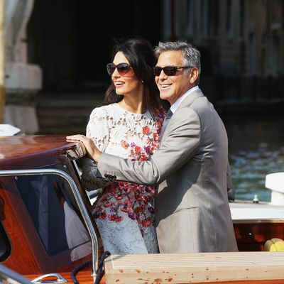 VENICE, ITALY - SEPTEMBER 28: Actor George Clooney and Amal Alamuddin sighting at Canal Grande on September 28, 2014 in Venice, Italy. (Photo by Ernesto Ruscio/GC Images)