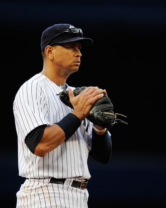 Alex Rodriguez #13 of the New York Yankees prepares for a play in the fifth inning against the Detroit Tigers during Game Two of the American League Division Series at Yankee Stadium on October 2, 2011.