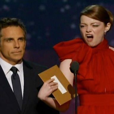 Earlier, Cameron Diaz and Jennifer Lopez stuck their butts out at the crowd, burst out laughing, and Diaz admonished everyone to follow their anything-goes lead and "take a chance." Instead, Emma Stone went another way and was very funny and brassy in a well-written bit with Ben Stiller. Yes, but can she stick out her butt?