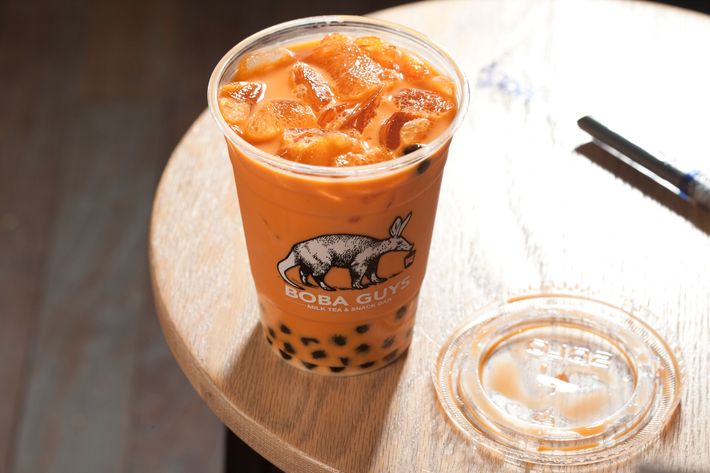 Thai iced tea with boba.