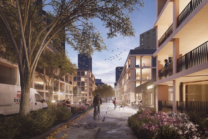 Between the new buildings: retail, better lighting, and a street open to only limited traffic.