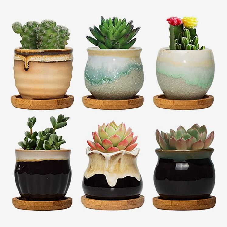 Ceramic Succulent Plant Pots,4 pcs Colorful Flower Pots Planters Containers Window Boxes with Hole Design for Indoor Desk Decoration,no Plants Cylindrical 