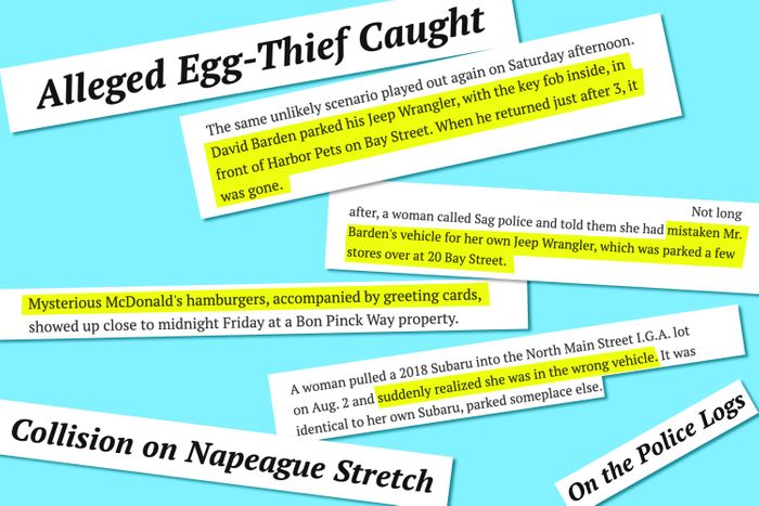 an illustrated set of headlines from East Hampton Star newspaper against blue background