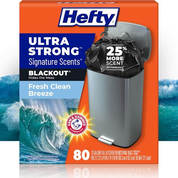 Hefty Ultra Strong Signature Scents Blackout Trash Bags - Fresh Clean Scent, 13 Gallon, 80 Count