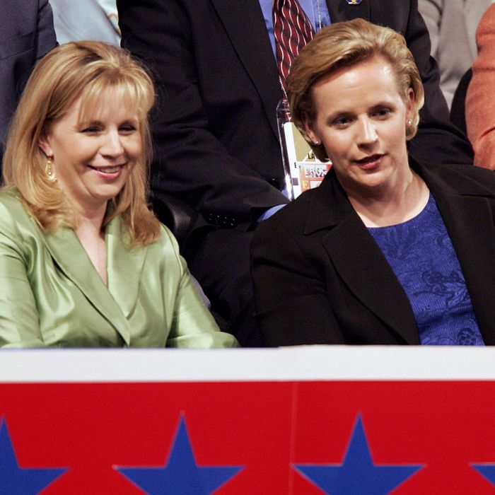 NEW YORK, United States: Elizabeth(L) and Mary Cheney, daughters of Vice President Dick Cheney attend the Republican National Convention at Madison Square Garden in New York City 01 September, 2004. Convention delegates formally nominated President George W. Bush for another four-year term 31 August and he will accept the party's nomination during a prime-time televised speech 02 September. 