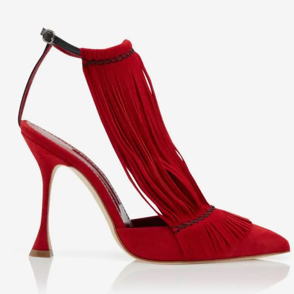 Manolo Blahnik Red Suede Fringe Detail Pumps